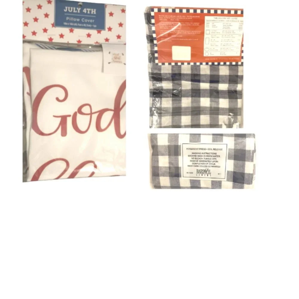 Tablecloth Round 60 in. & 4 Napkins God Bless America Pillow Cover Buffalo Check